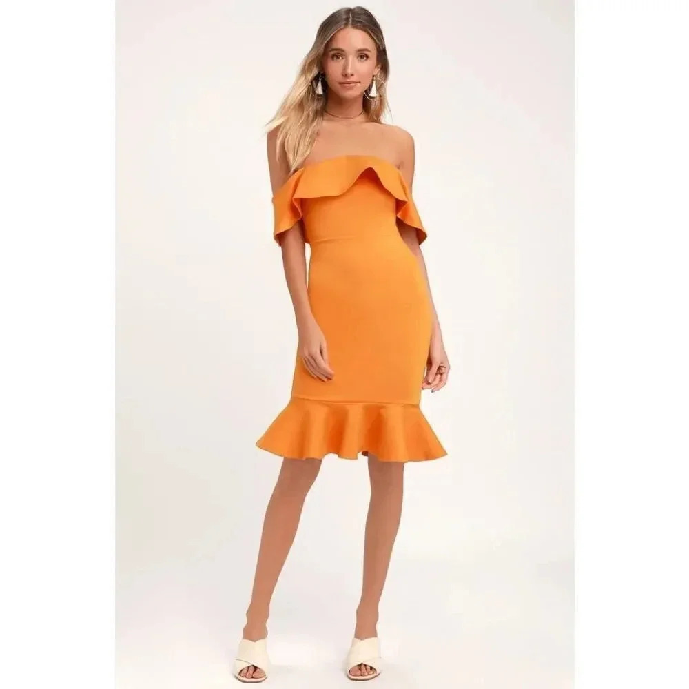 Lulus Confidence Boost Orange Off-the-Shoulder Bodycon Midi Dress